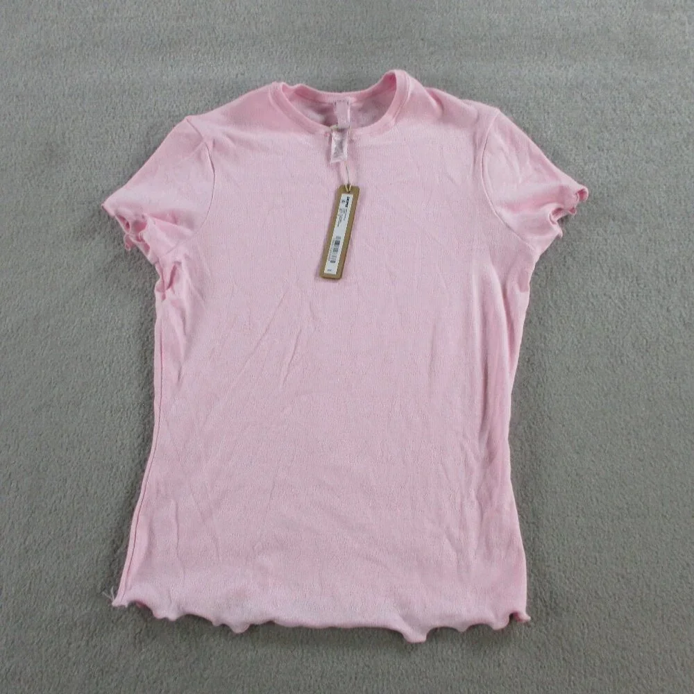SKIMS Logo Pointelle Shirt Womens XS Cherry Blossom Pink Printed Stretch NWT - Picture 2 of 9
